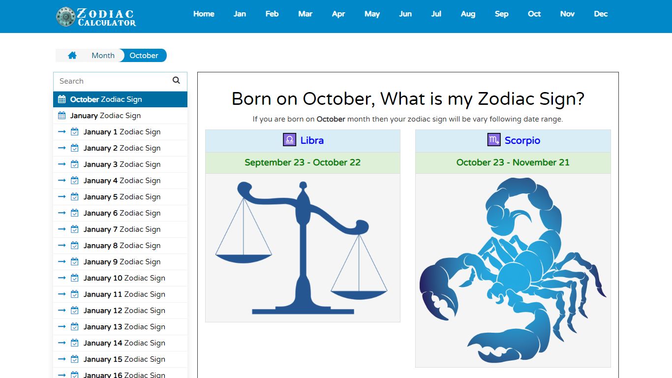 October Month Zodiac Sign Chart | ZodiacCalculator.com
